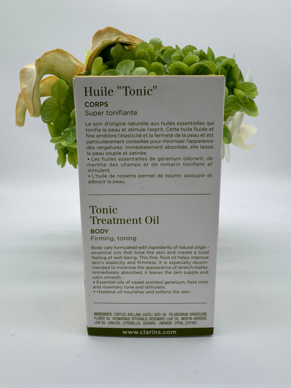 Clarins Aroma Tonic Treatment Oil 100 mL packaging back and ingredients