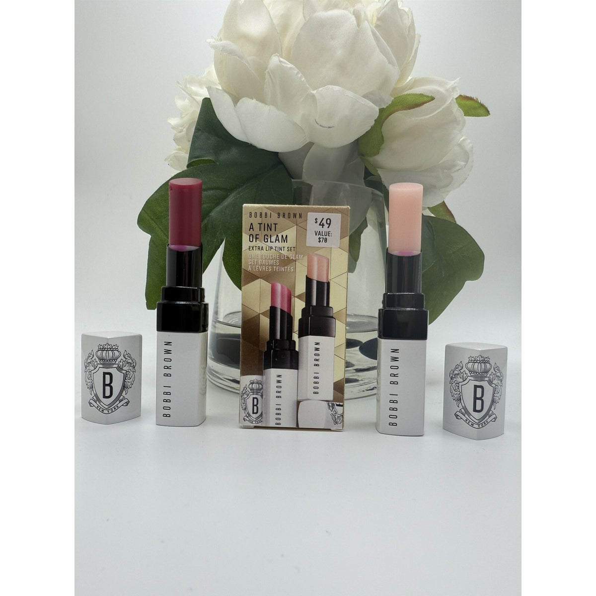 Bobbi Brown a tint of glam extra lip tint set Bare Pink & Bare Raspberry Full Sz